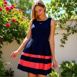 A. Byer Navy & Coral Striped Party Dress with Pockets - Size M